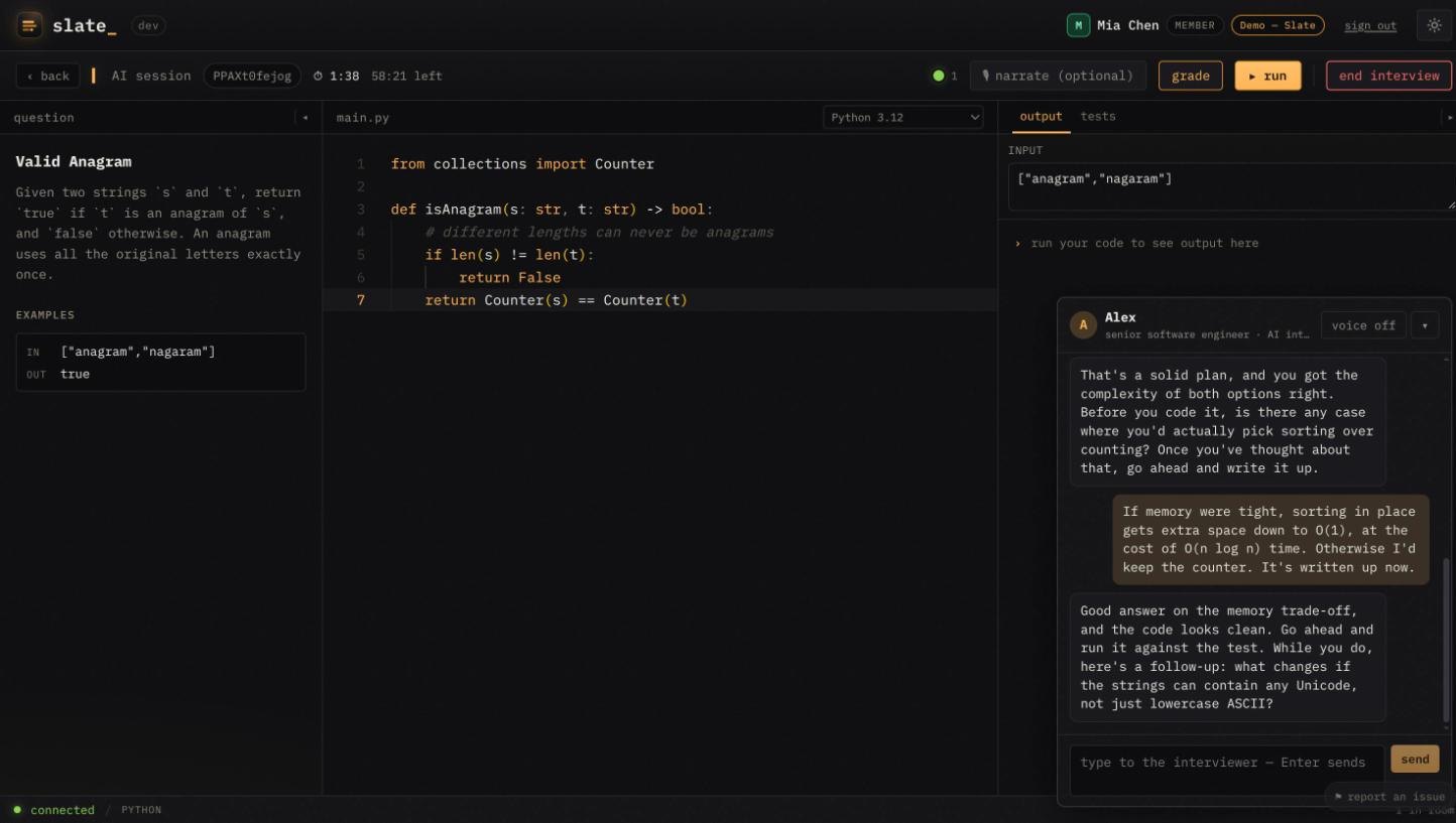 A coding round with the AI interviewer: the problem, the candidate's Python solution in the editor, and the interviewer's panel, where it weighs the candidate's trade-off answer and asks a follow-up about Unicode input.