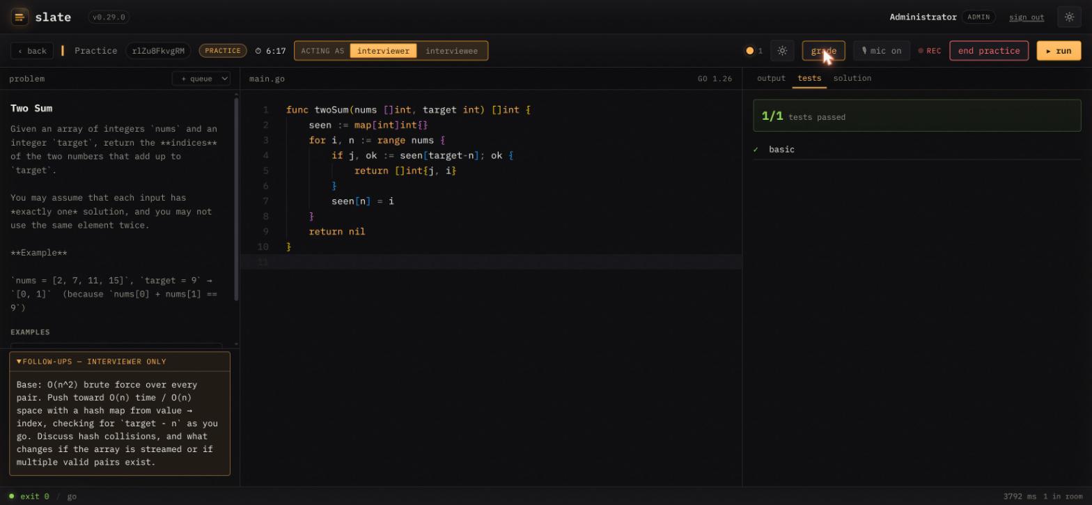 A live coding round: the problem prompt, a shared editor, and auto-graded tests. The follow-ups panel on the left is marked interviewer-only.
